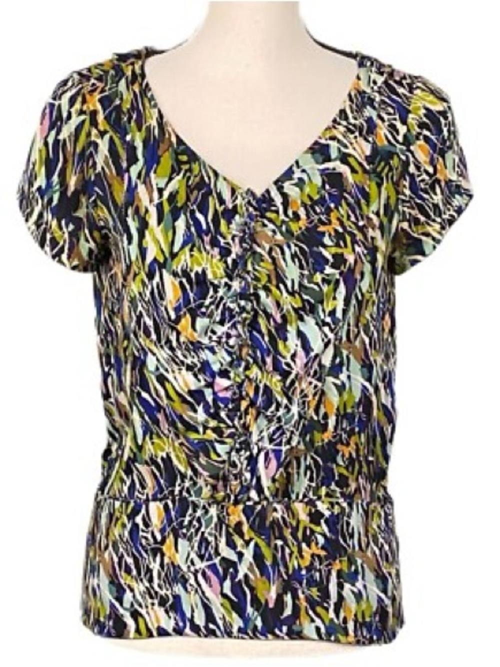 DVF Multicolor Georgette Blend Front Ruffles Short Sleeve Silk Blouse